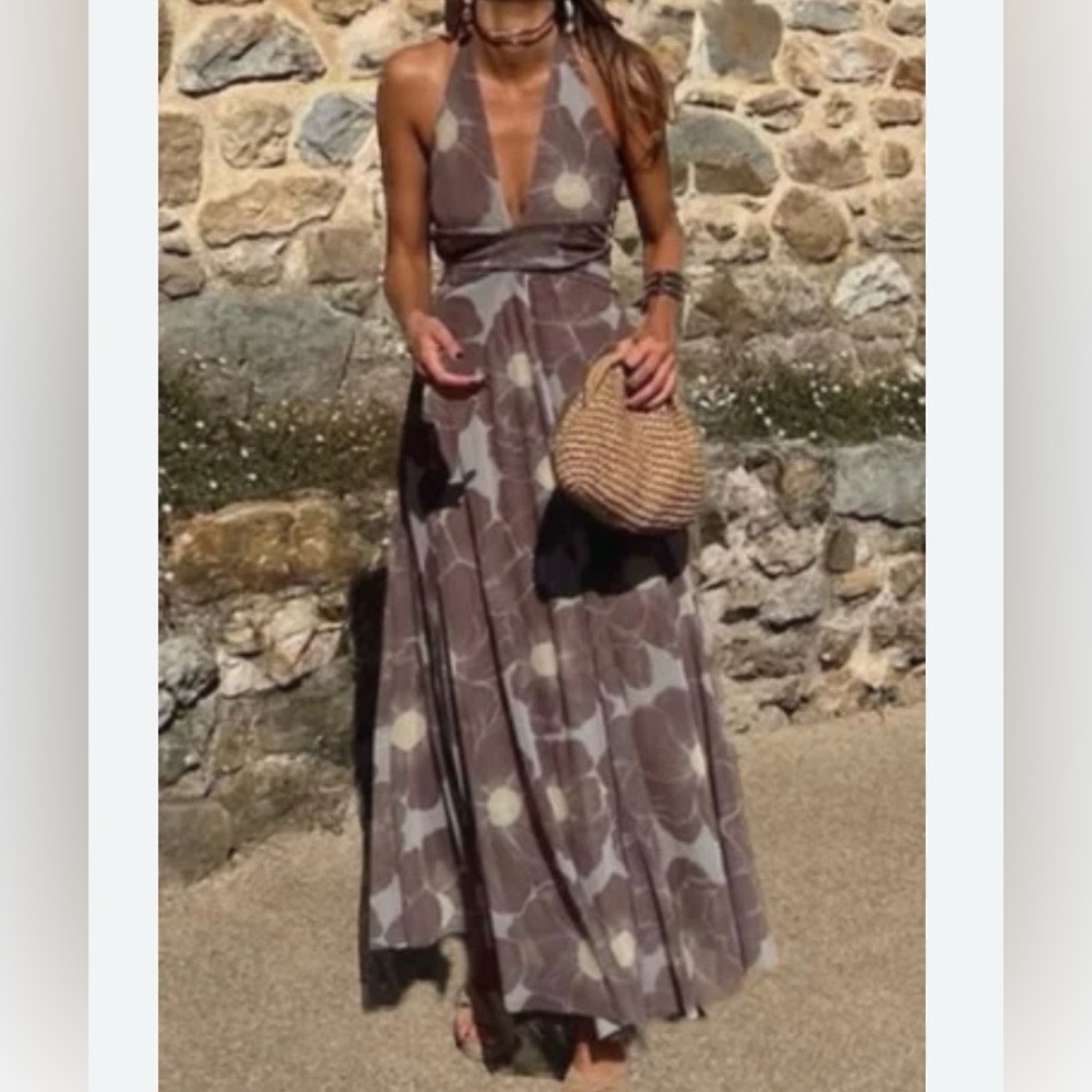 Zara Printed Cut Out Tulle Maxi Dress